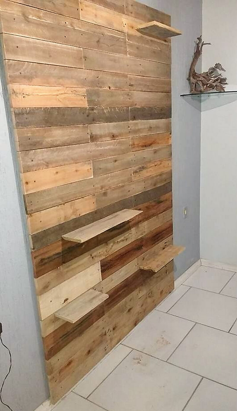 pallets wall cladding for tv and shelving